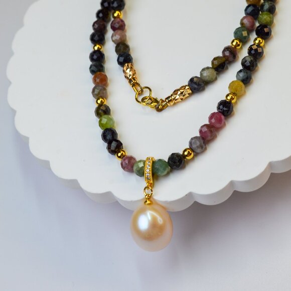 Tourmaline & King Size Edison Pearl Pendant Necklace 19" - Picture 6 of 11